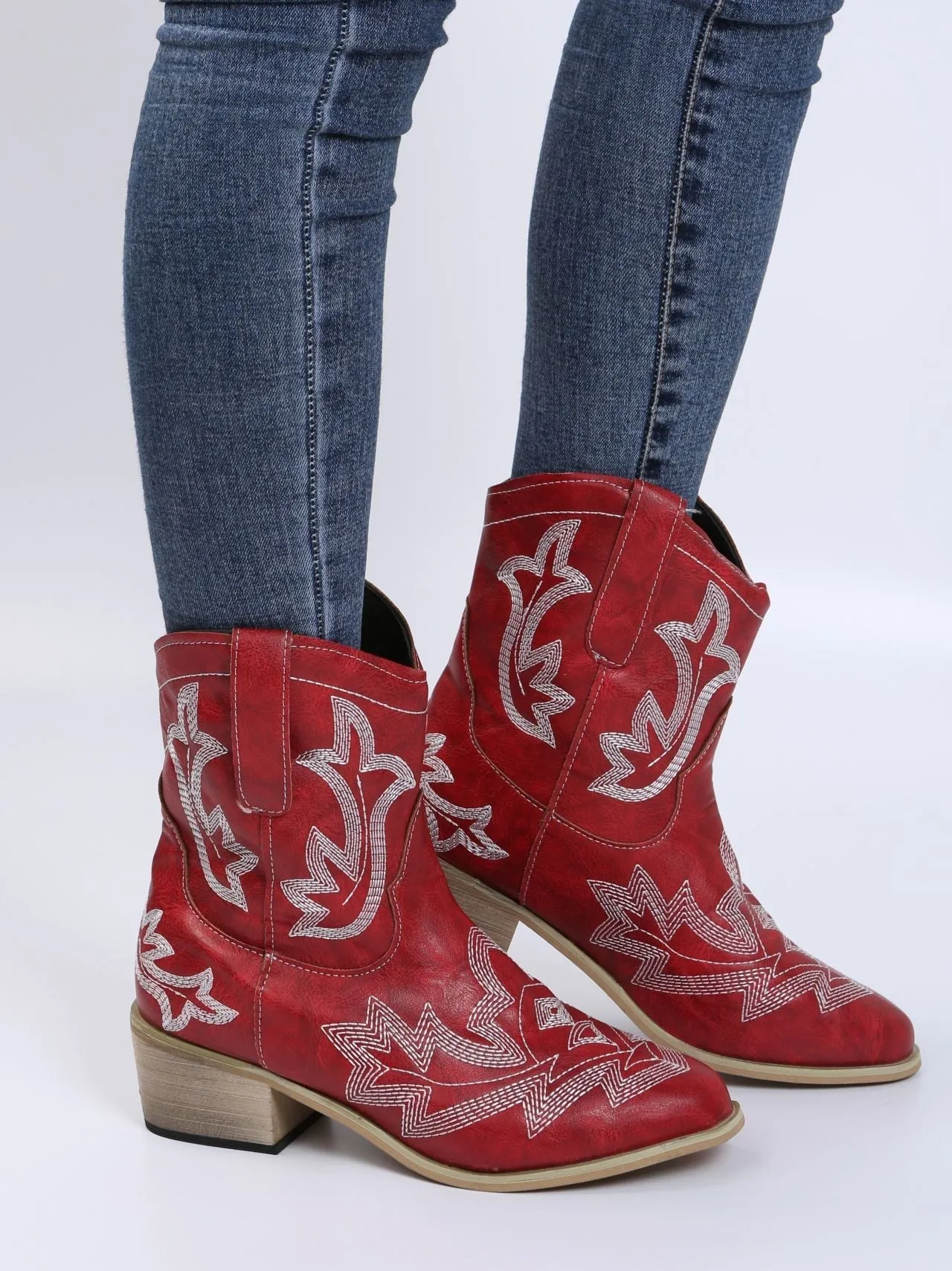 elveswallet Embroidered Floral Chunky Heel Martin Boots