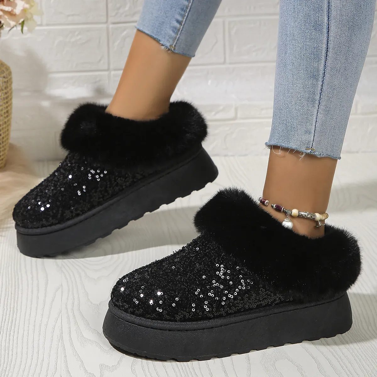 Plush Warm Sequins Thick-Soled Snow Boots