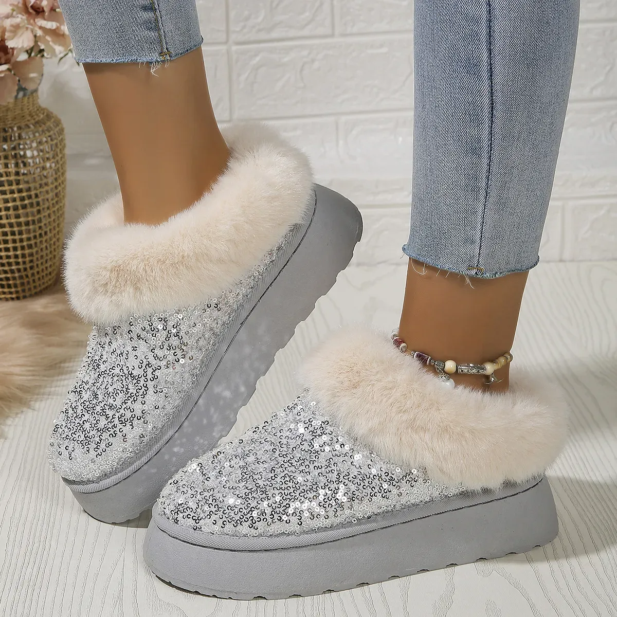 Plush Warm Sequins Thick-Soled Snow Boots