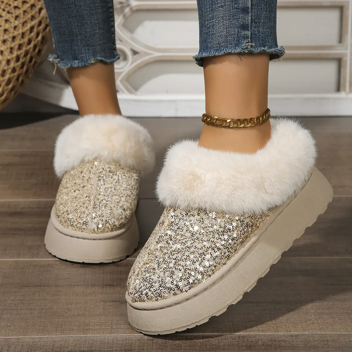 Plush Warm Sequins Thick-Soled Snow Boots