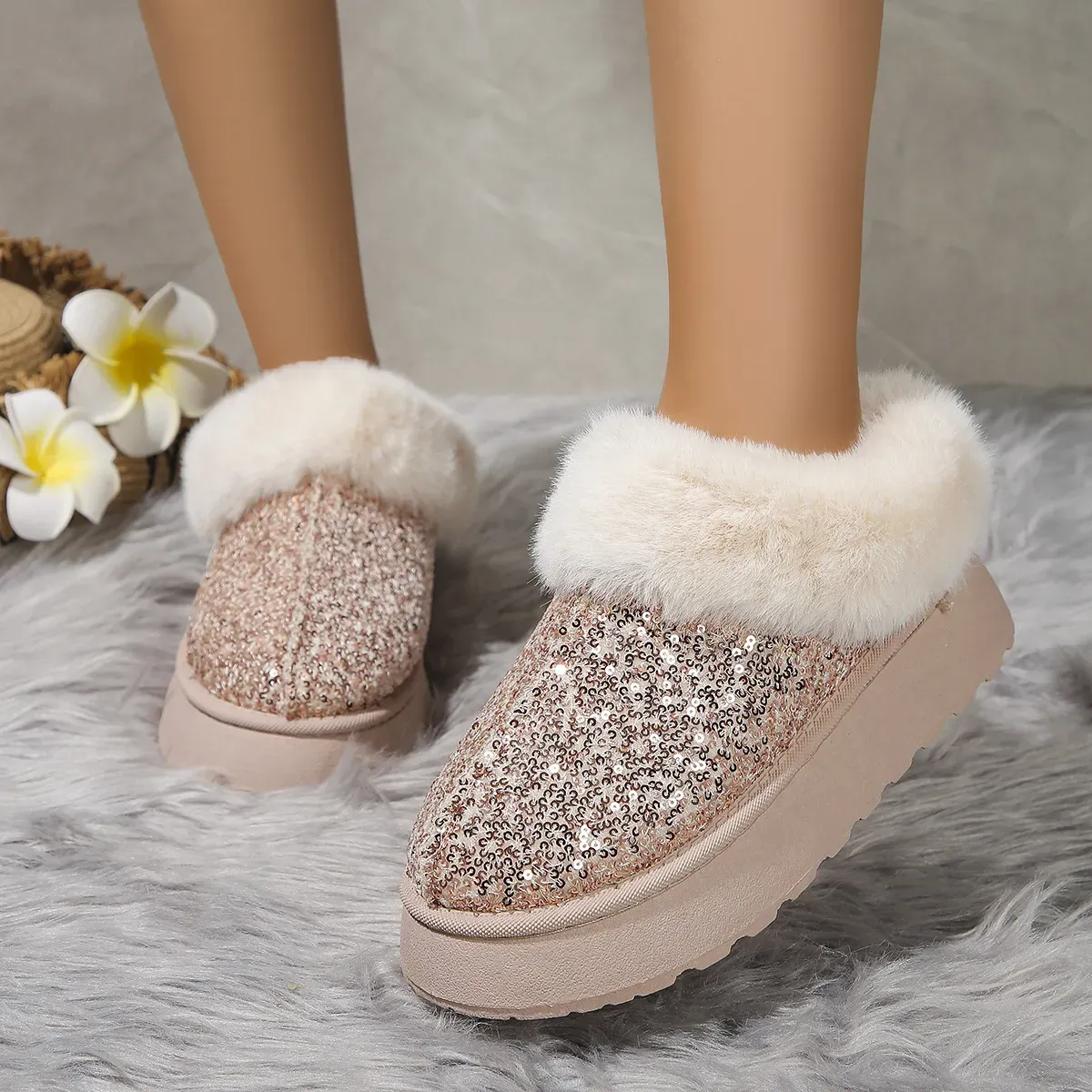 Plush Warm Sequins Thick-Soled Snow Boots