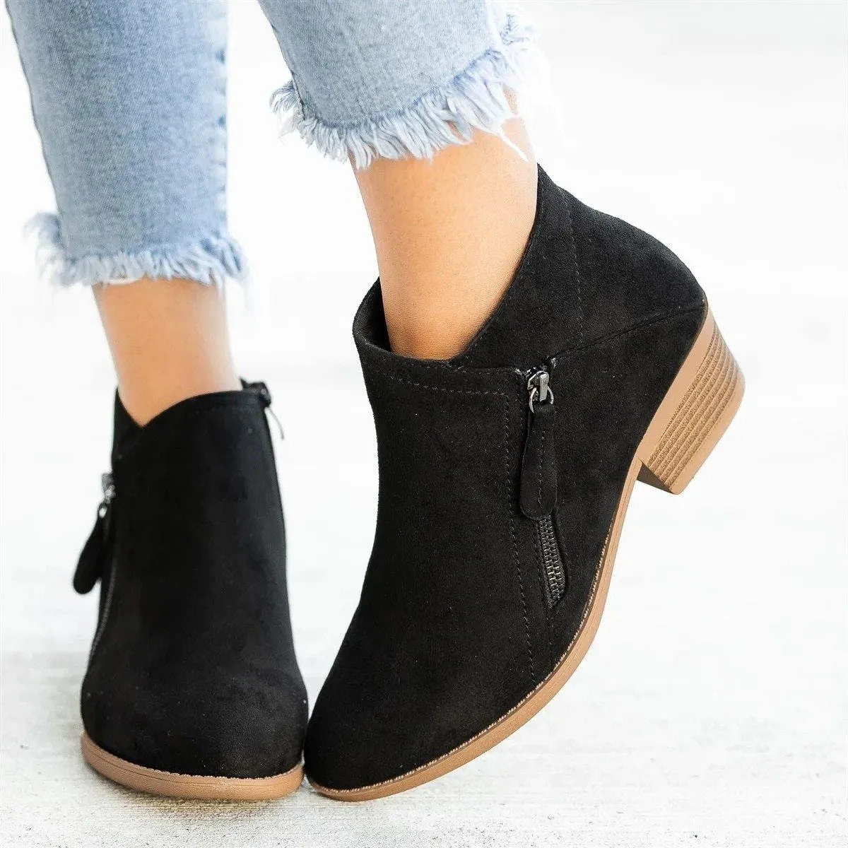 Suede Side Low-heel Zipper Boots