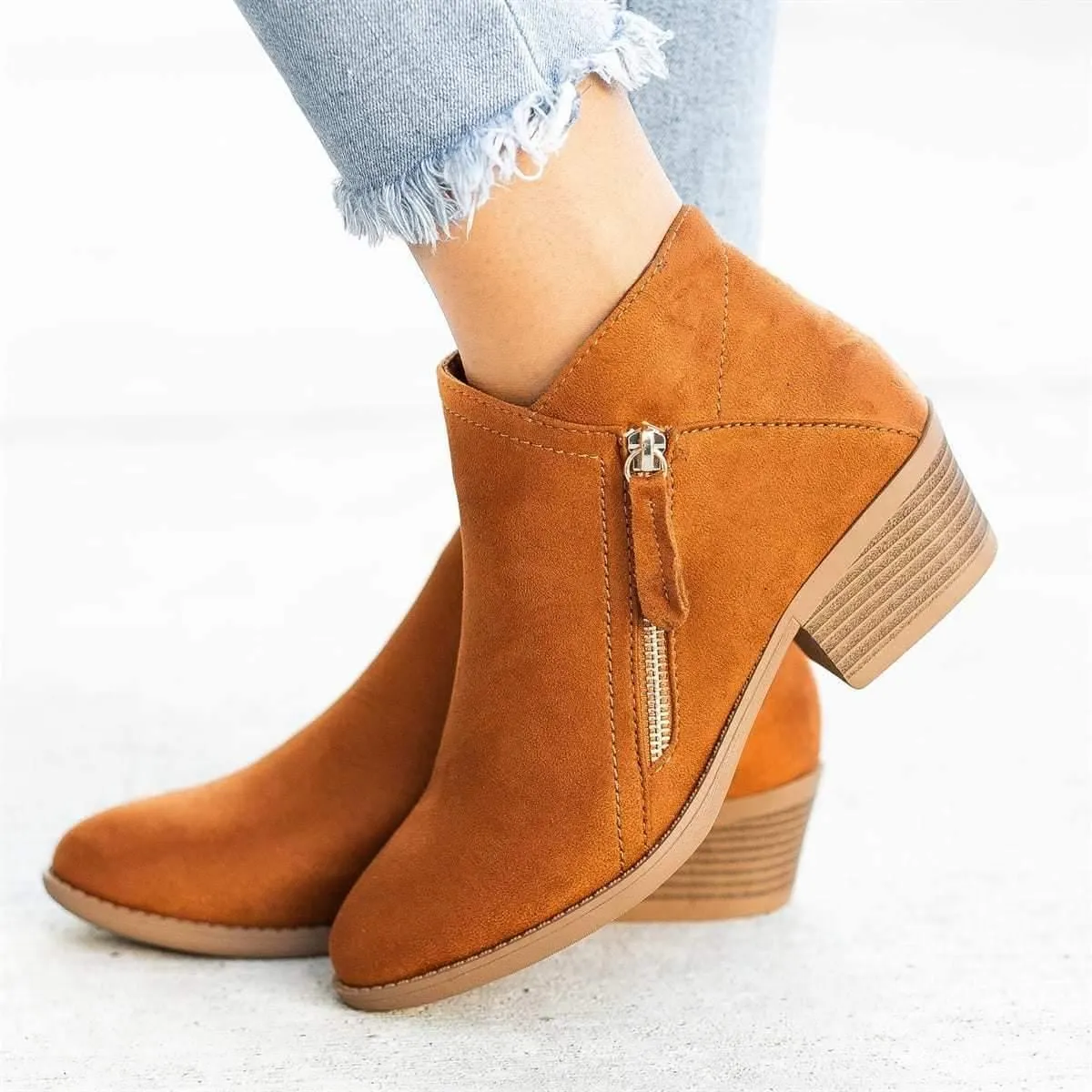 Suede Side Low-heel Zipper Boots
