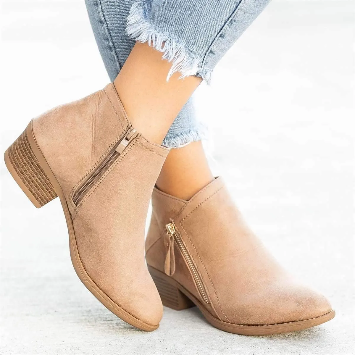 Suede Side Low-heel Zipper Boots