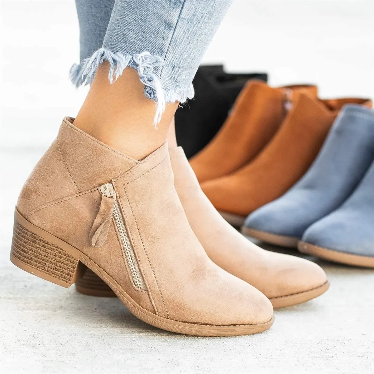 Suede Side Low-heel Zipper Boots