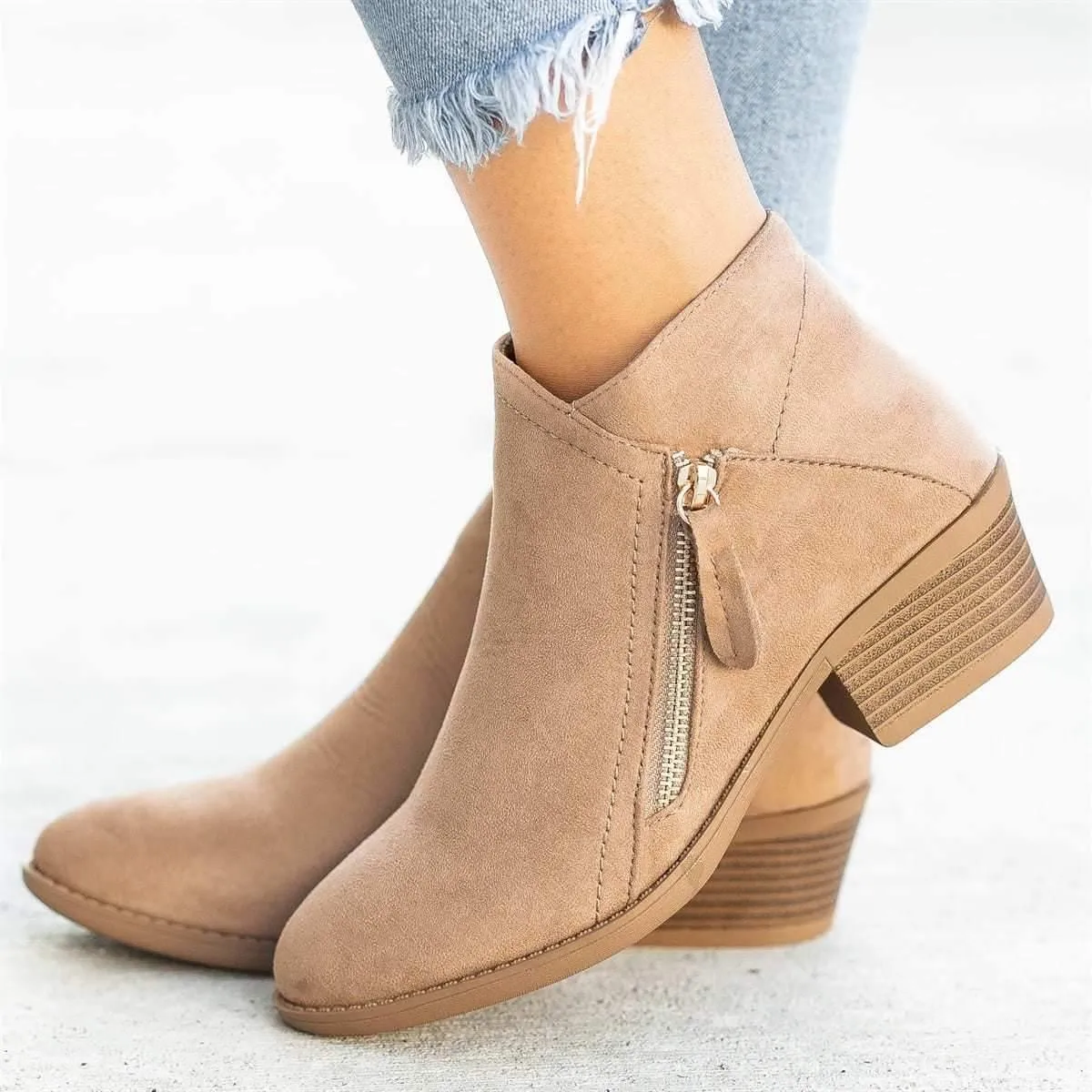 Suede Side Low-heel Zipper Boots