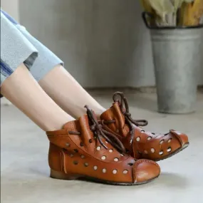 Vintage Brown Cowhide Women's Boots with Hollow Out Design